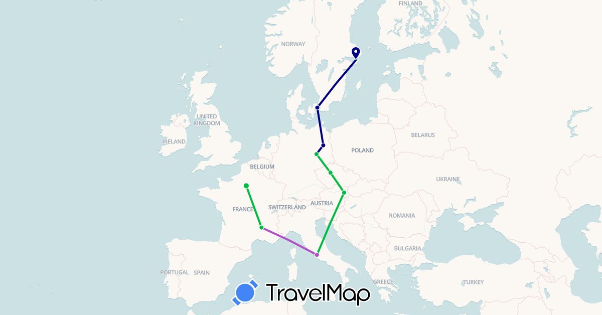 TravelMap itinerary: driving, bus, train in Austria, Czech Republic, Germany, Denmark, France, Italy, Sweden (Europe)
